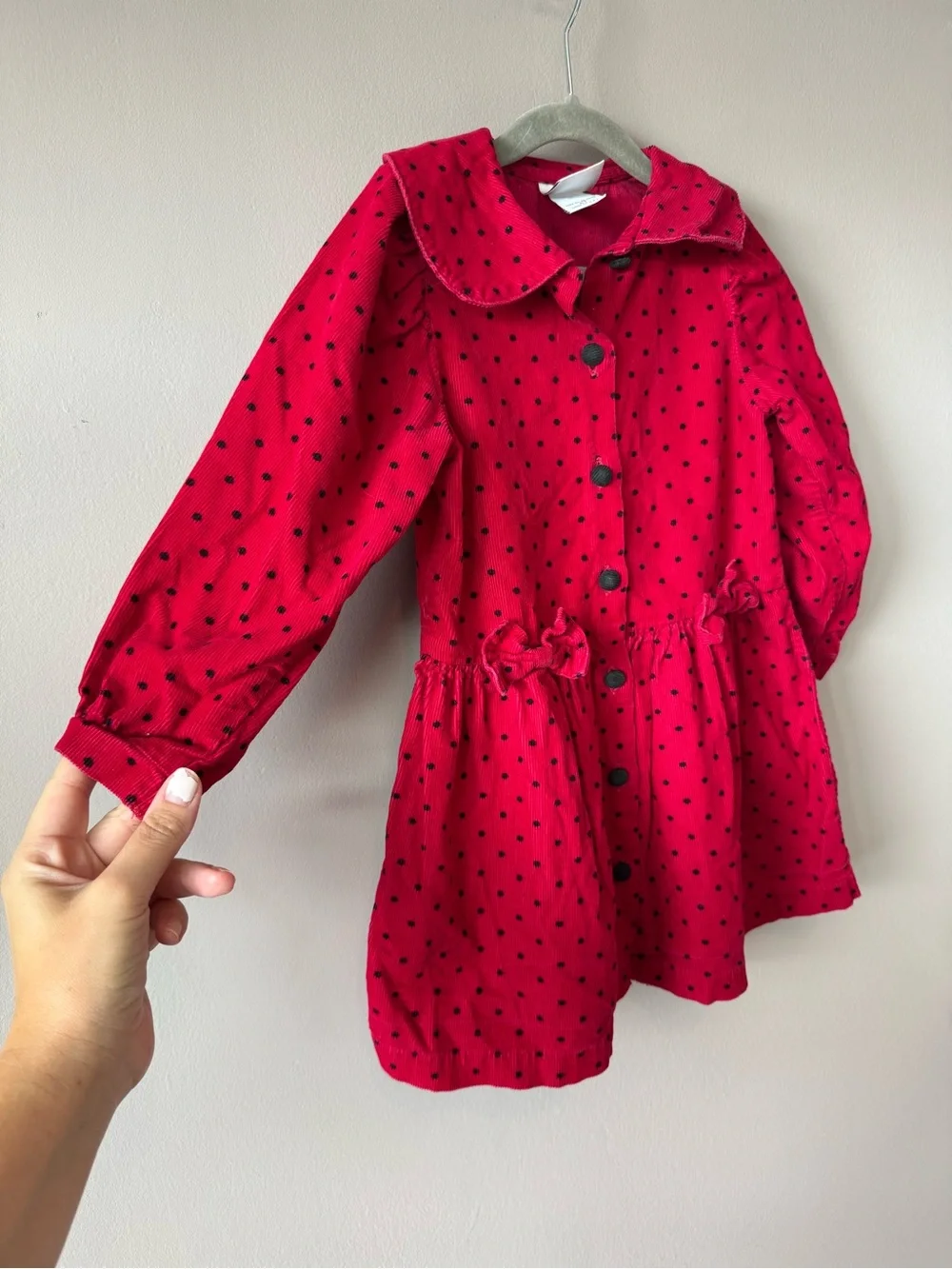 Vintage Osh Kosh B’Gosh‎ Red Corduroy Black Polka Dot Bow Dress Paper Tag Size 4